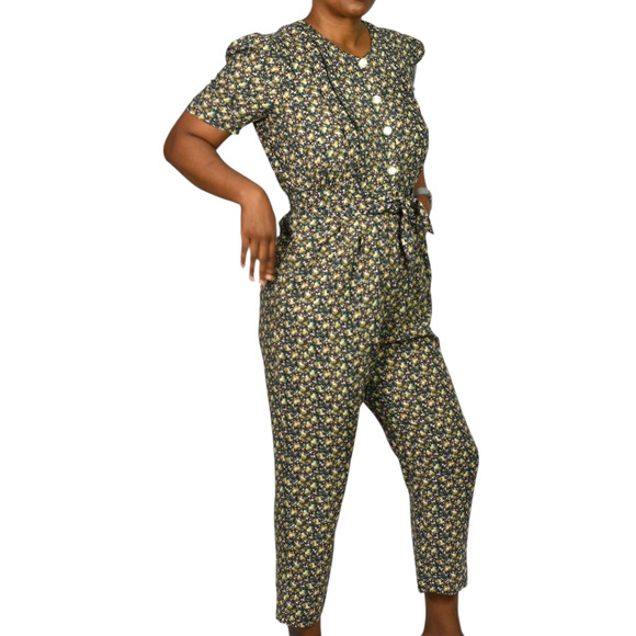 Floral Jumpsuit Vintage Black Ditsy Micro Print Calico 90s Rayon Small Petite - Picture 3 of 15